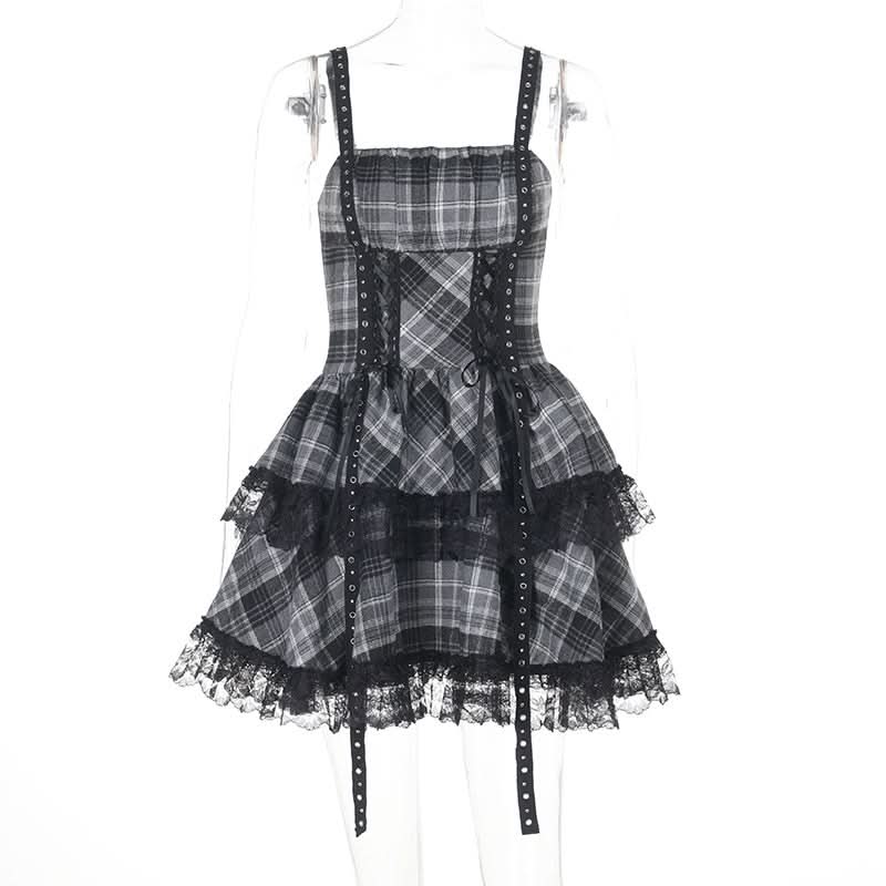 Plaid lace hem lace up cami mini dress