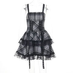 Plaid lace hem lace up cami mini dress