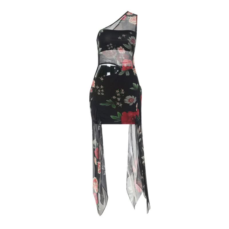 One shoulder flower print mesh hollow out cut out mini dress