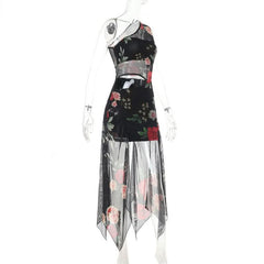 One shoulder flower print mesh hollow out cut out mini dress