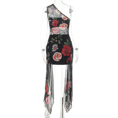 One shoulder flower print mesh hollow out cut out mini dress
