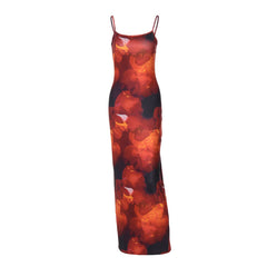 U neck print backless cami maxi dress