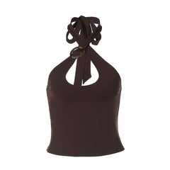 Hollow out halter self tie solid backless cut out top