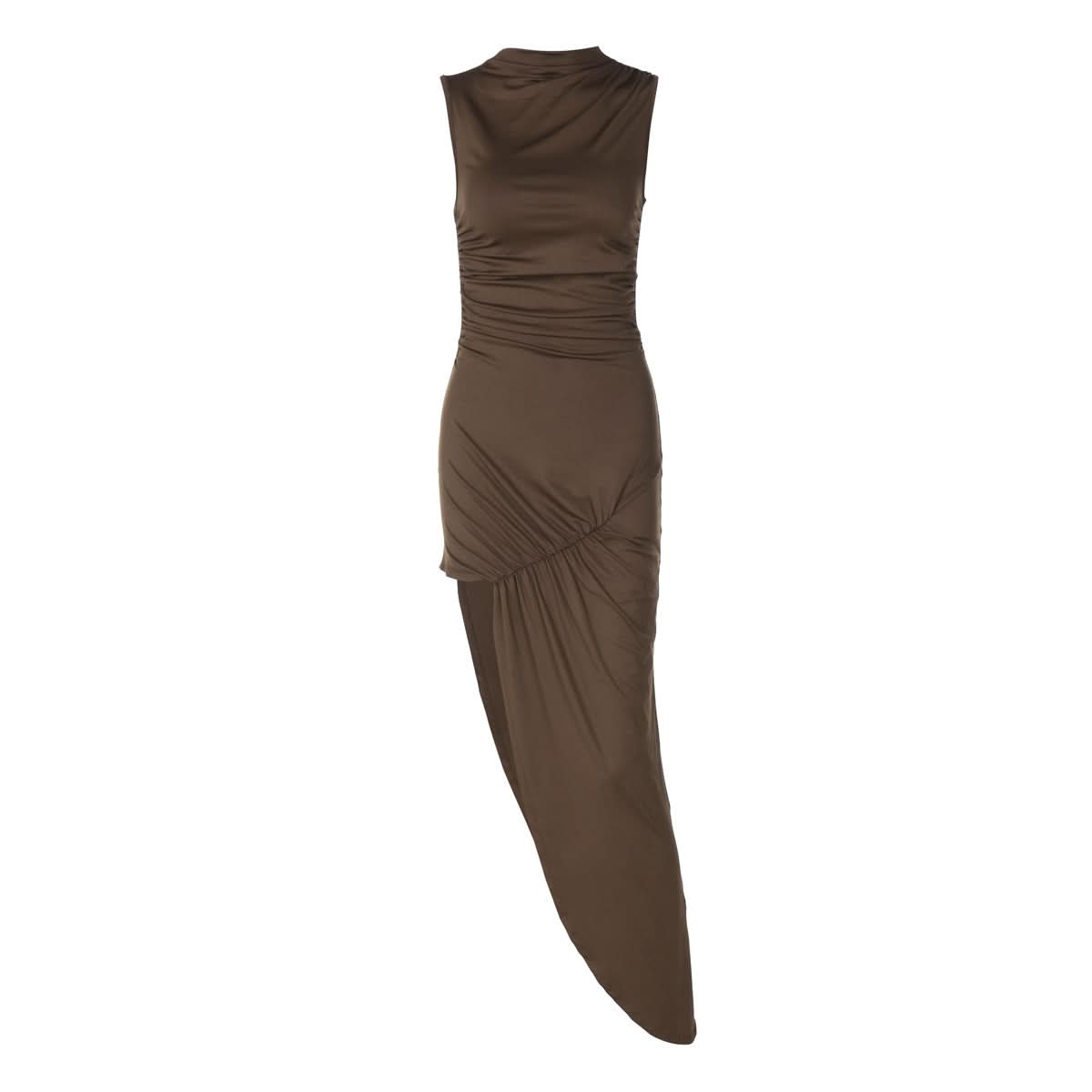 Irregular ruched zip-up crewneck slit midi dress