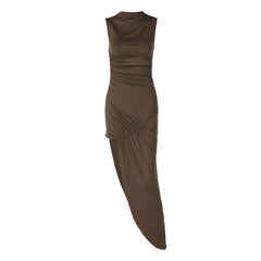 Irregular ruched zip-up crewneck slit midi dress