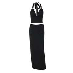 Ruched halter self tie v neck maxi skirt set