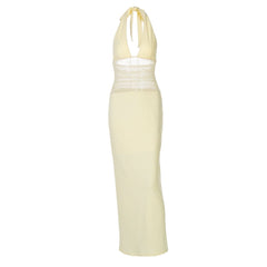 Halter self tie v neck ruched mesh maxi dress