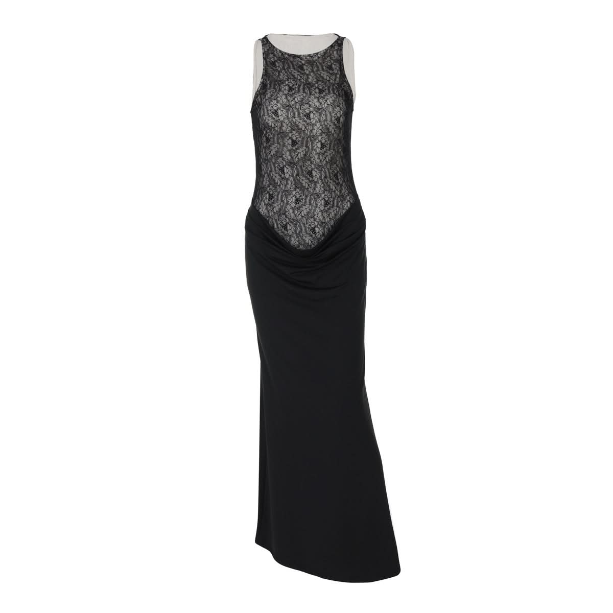 Crewneck lace patchwork ruched maxi dress