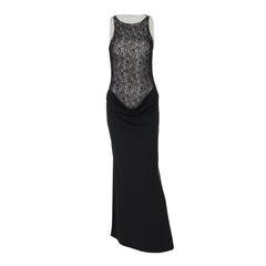 Crewneck lace patchwork ruched maxi dress