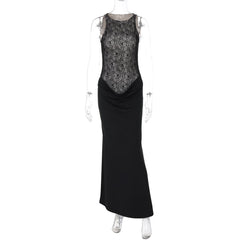 Crewneck lace patchwork ruched maxi dress
