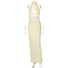 Halter self tie v neck ruched mesh maxi dress