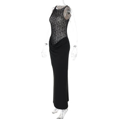 Crewneck lace patchwork ruched maxi dress