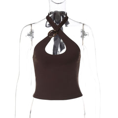 Hollow out halter self tie solid backless cut out top
