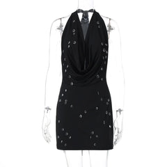 Halter self tie cowl neck backless mini dress