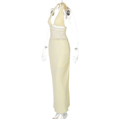 Halter self tie v neck ruched mesh maxi dress
