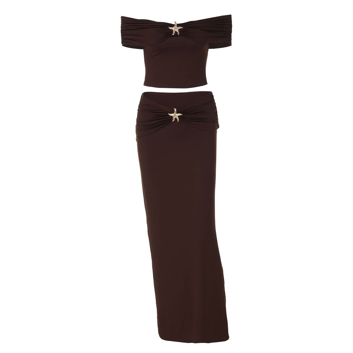 Off shoulder ruched slit tube maxi skirt set