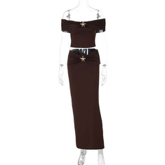 Off shoulder ruched slit tube maxi skirt set