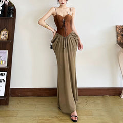 Ruched lace up v neck spaghetti strap maxi dress