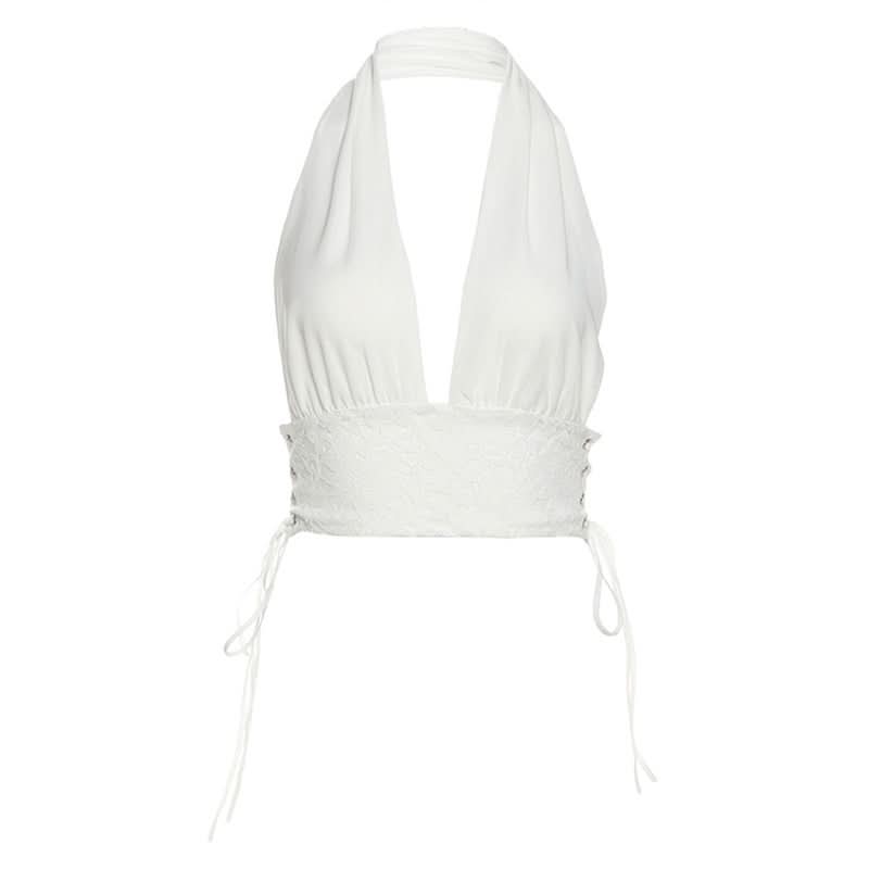 Halter self tie lace v neck backless top