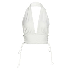 Halter self tie lace v neck backless top