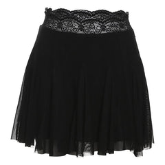 Lace hem A line mesh solid mini skirt