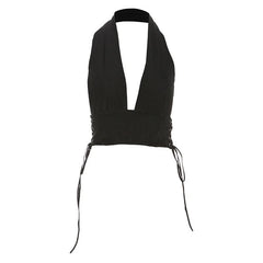 Halter self tie lace v neck backless top
