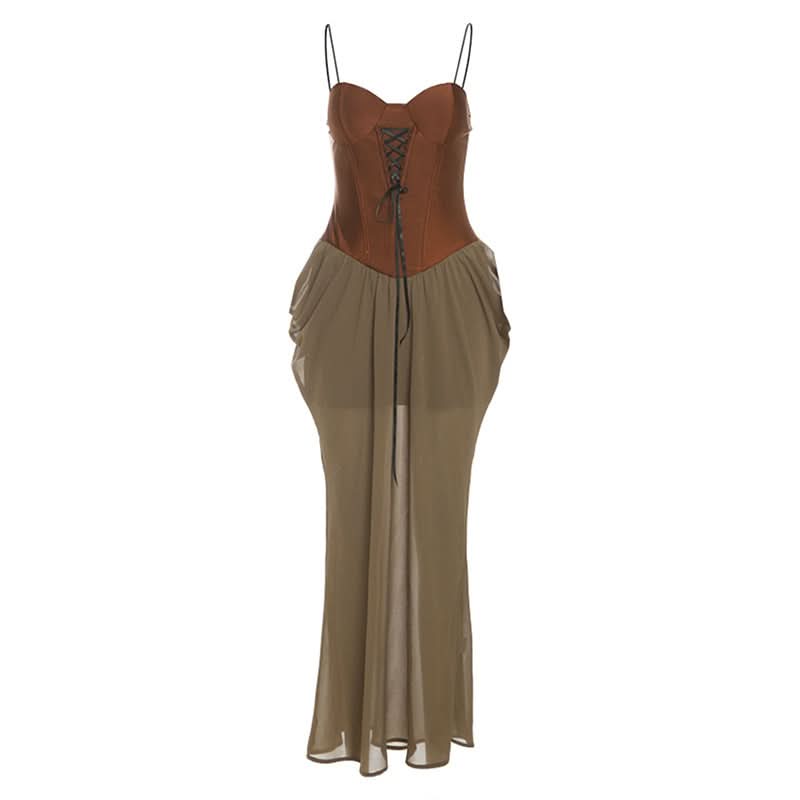 Ruched lace up v neck spaghetti strap maxi dress