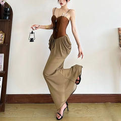Ruched lace up v neck spaghetti strap maxi dress