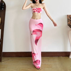 Mesh flower print contrast tube maxi skirt set