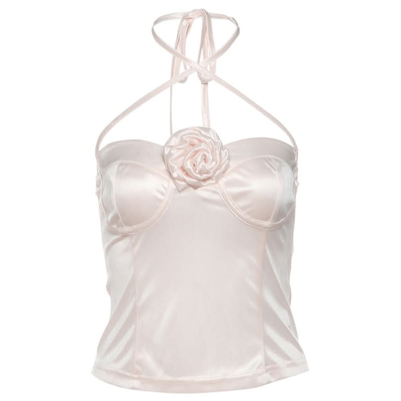 Cross front halter self tie flower applique top