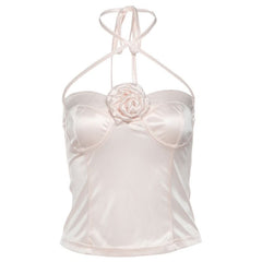 Cross front halter self tie flower applique top
