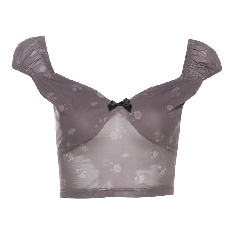 Bowknot ruched v neck cap sleeve print top