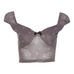 Bowknot ruched v neck cap sleeve print top