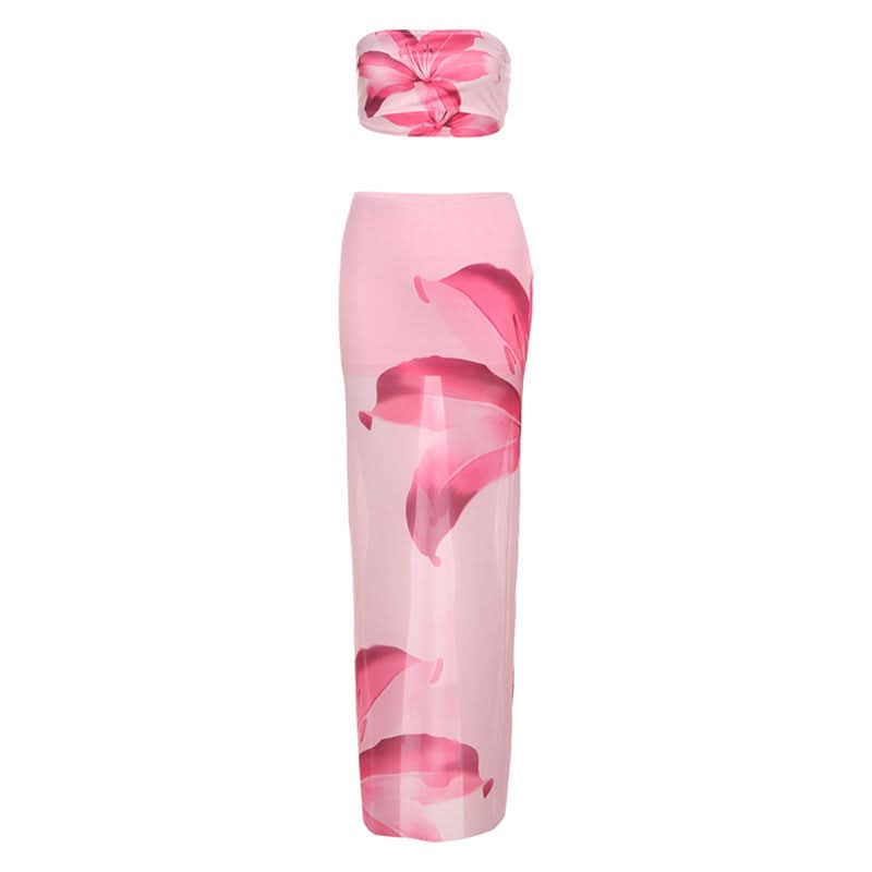 Mesh flower print contrast tube maxi skirt set