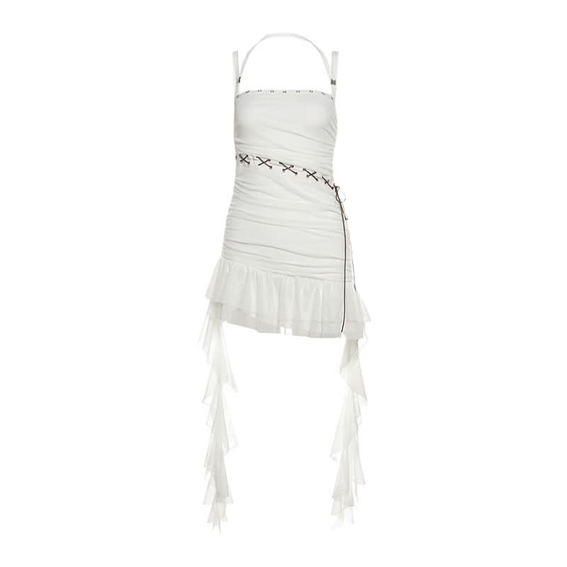 Self tie ruched halter square neck mini dress