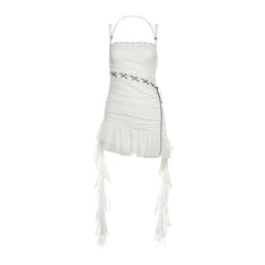 Self tie ruched halter square neck mini dress