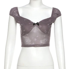 Bowknot ruched v neck cap sleeve print top