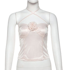 Cross front halter self tie flower applique top