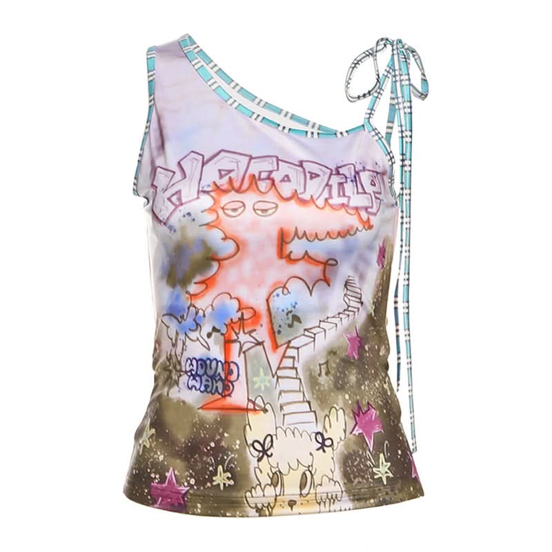 Irregular self tie print contrast top