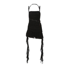 Self tie ruched halter square neck mini dress