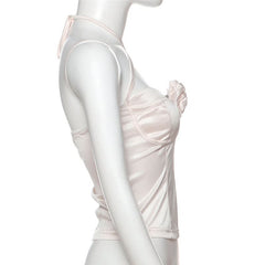 Cross front halter self tie flower applique top