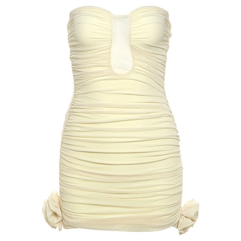 Ruched flower applique backless tube mini dress