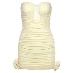 Ruched flower applique backless tube mini dress