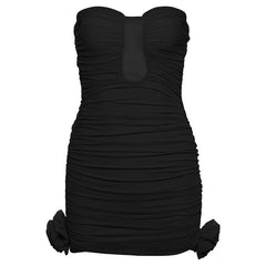 Ruched flower applique backless tube mini dress