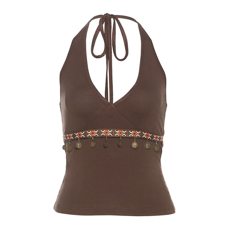Halter self tie v neck backless contrast top