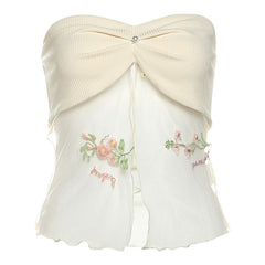 Beaded ruched mesh embroidery tube top