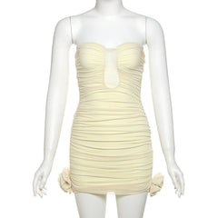 Ruched flower applique backless tube mini dress