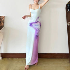 Print u neck backless cami maxi dress
