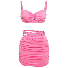 Ruched v neck hollow out cami mini skirt set
