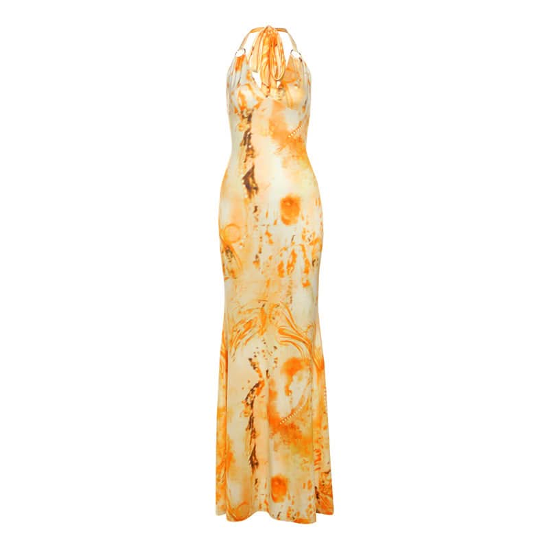 Halter self tie o ring print v neck slit maxi dress